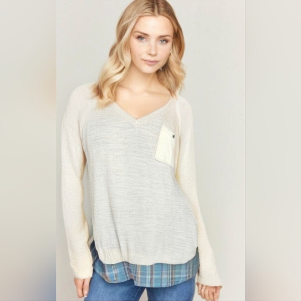 MOTH | Anthropologie Two Layered Plaid Hem Long Sleeve Lightweight Tunic Sweater